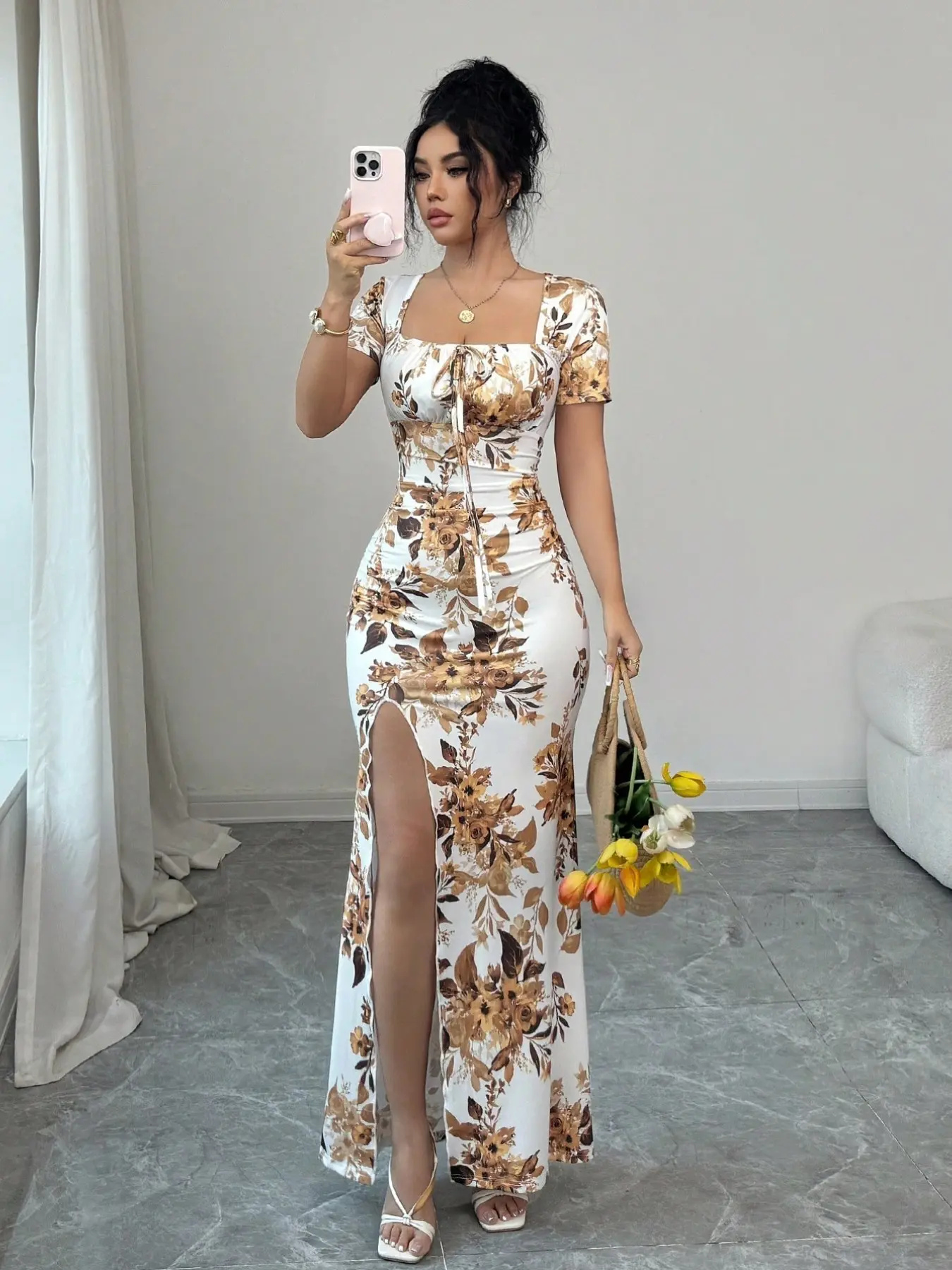 Summer New Elegant Floral Print Short Dress for Women, Waist-Cropped Split Hem Design, Perfect for Dates, Parties, Daily Wear, Slim Fit