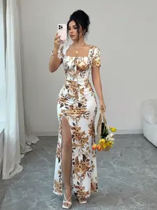 Summer New Elegant Floral Print Dress for Women, Waist-Cropped Split Hem Design, Perfect for Dates, Parties, Daily Wear, Slim Fit