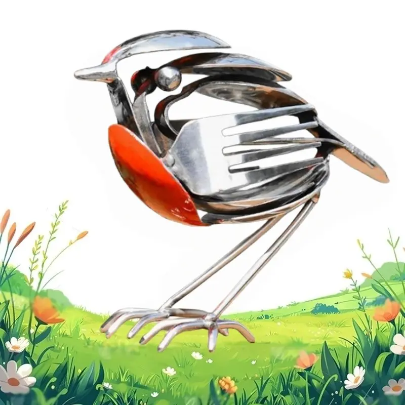 Upcycled Fork & Spoon Robin Bird Figurine, Eco-Friendly Metal Bird Decor for Patio, Yard & Home Metal Robin Bird Ornament, Cutlery Upcycled Bird Decor, Statues, Outdoor Garden Accessory, Animal Statue, Metal Birds Sculptures