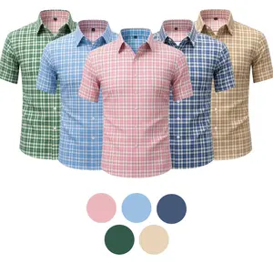 Men's Short Sleeve Plaid Button Down Shirts Casual Summer Lightweight Dress Shirts with Chest Pocket - 5 Colors (Green/Blue/Pink/Navy/Khaki) Regular Fit Breathable Business Casual Shirts for Work Office