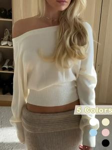 Women's Cream Color Off-Shoulder Long Sleeve Knit Top, Soft Elastic Ribbed Sweater, Casual Elegant Fall Winter Fashion