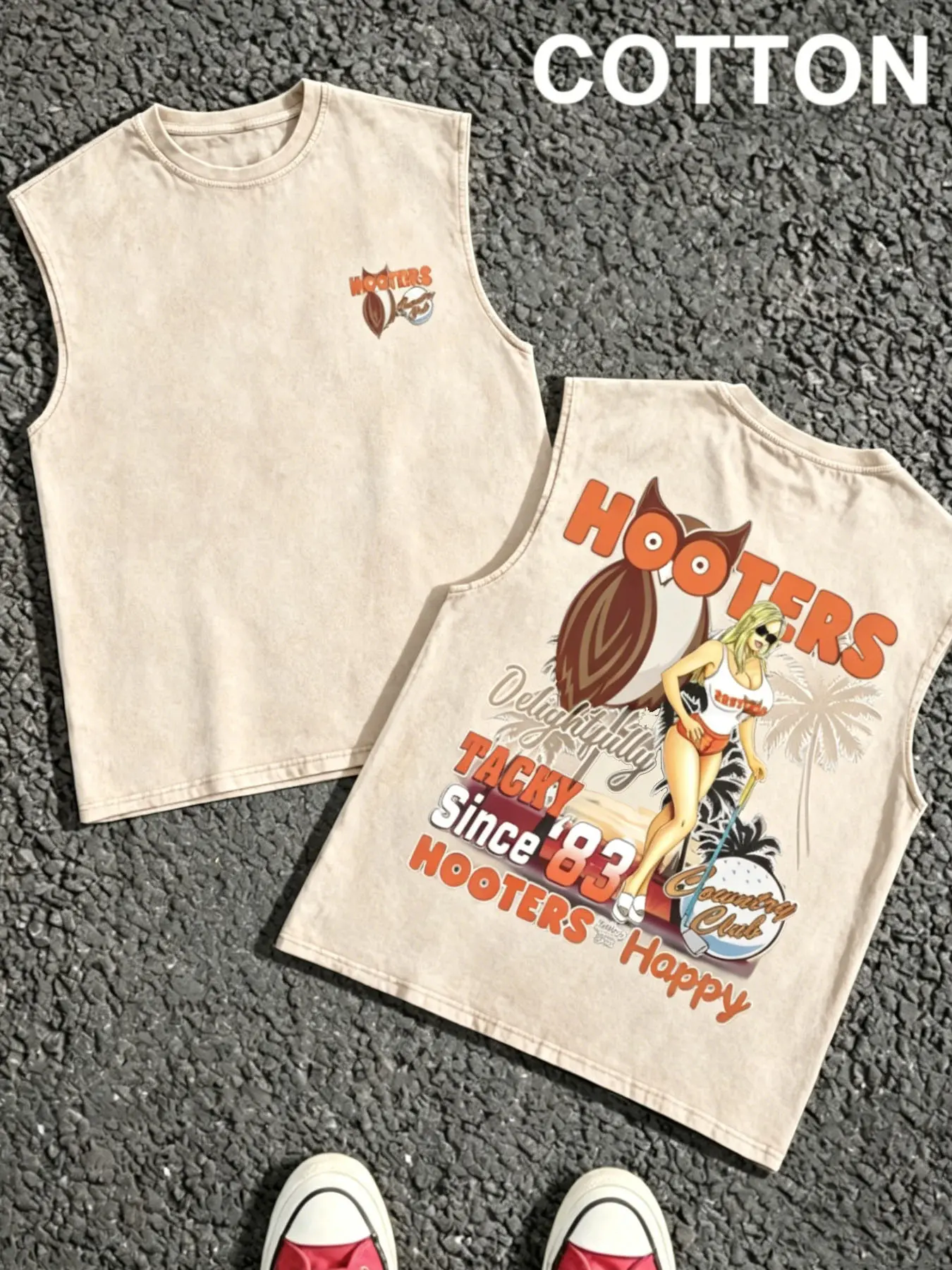 1 PCS Hooters Tacky Since 83 Golf Girl Owl Front Small Logo & Back Retro Palm Tree Graphic Print, 80s Vintage Casual Country Club Streetwear, 100% Cotton Breathable Unisex Tank For Retro Bar Fans Daily Outfit