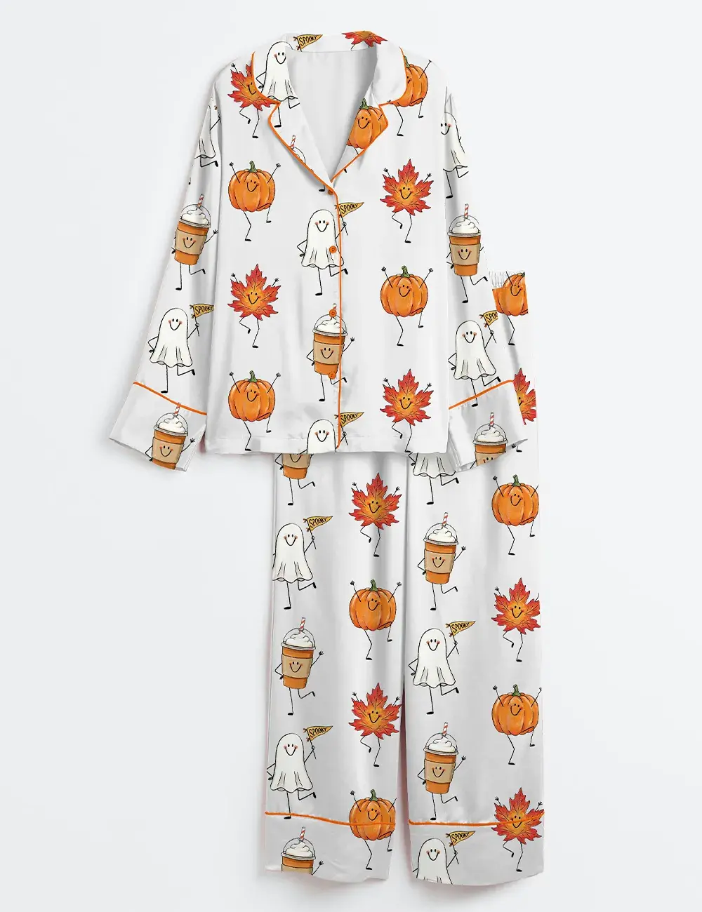 Happy Fall Autumn Leaf Ghost Pumpkin Latte Characters Short and Long Sleeve Pajama Set, Sleepwear for Women