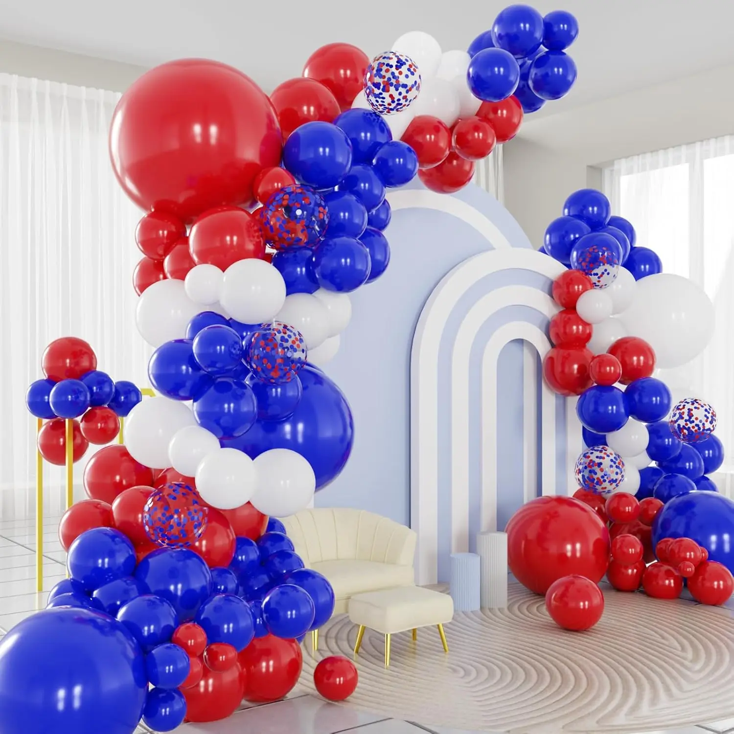 Red White Blue Decorative Balloon Arch Garland Kit, 124pcs Confetti Balloons with 16ft Tape Strip & Dot Glue Tool Set, Festive Backdrop for 4th of July, Birthday Party Decorations, Decorative Balloons