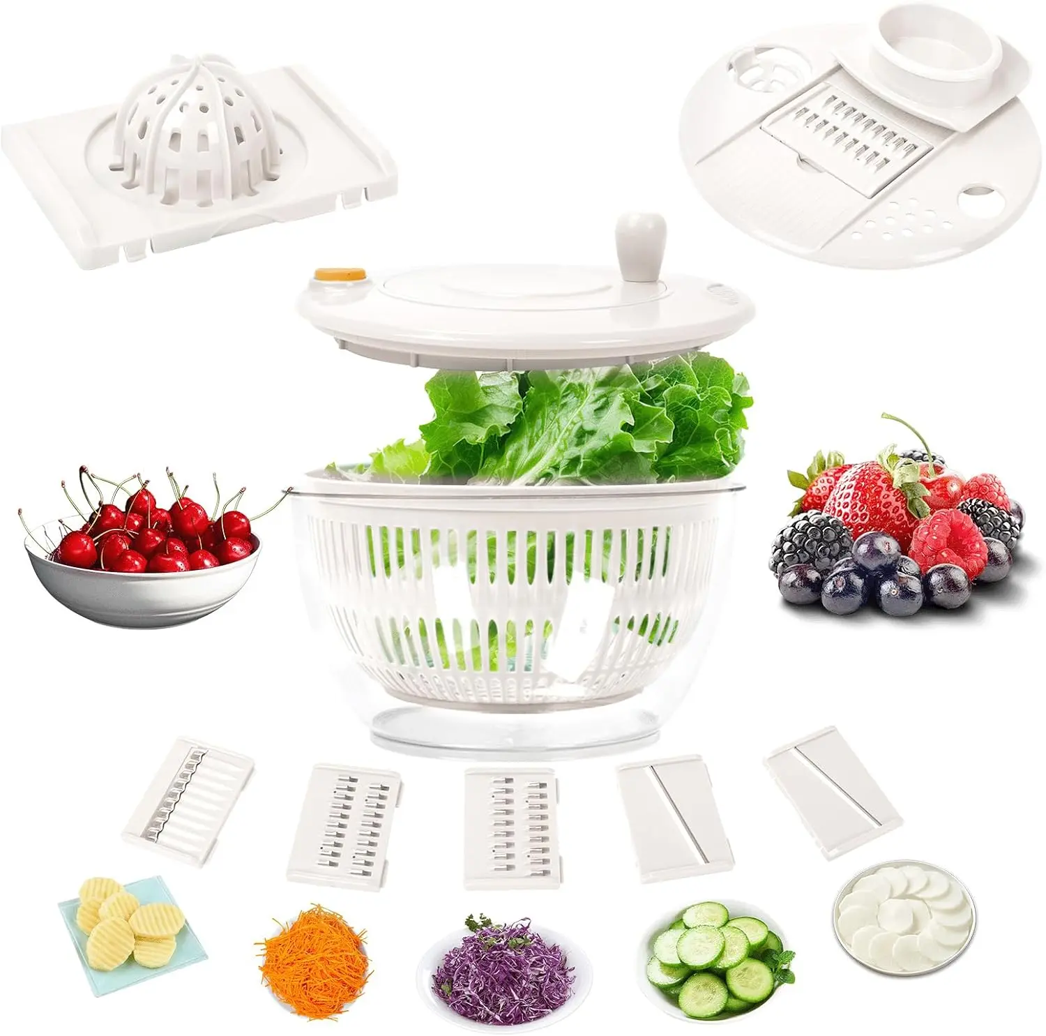 Salad Spinner Large, Vegetables Wash Bowl, Fruits & Herb Lettuce Spinner with 5 Blade Slicer Egg Yolk Strainer Shredder, Fruit Washing Bowl with Strainer