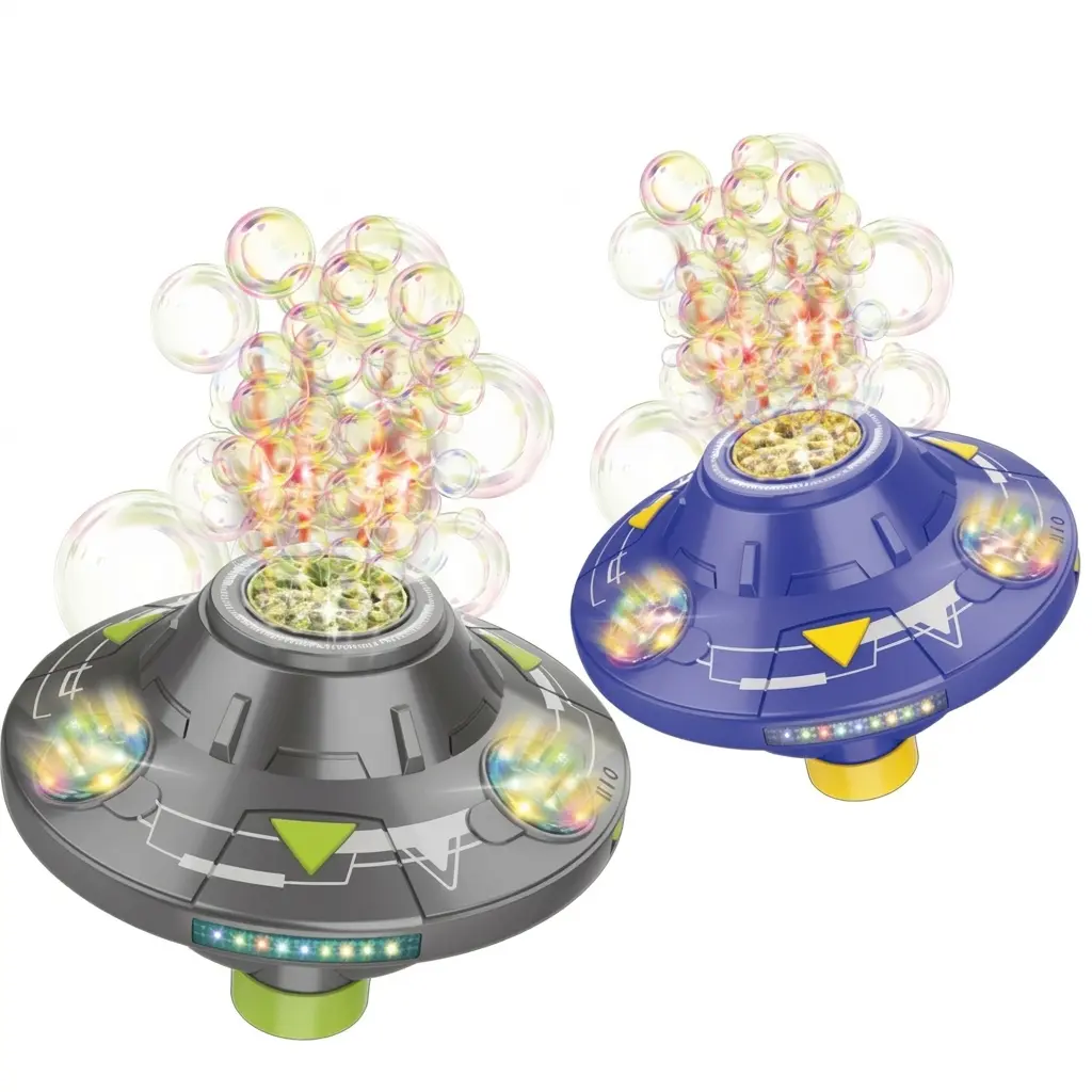 Automatic UFO Bubble Blower, Rechargeable Bubble Machine with Music, Lights and Moving Action for Backyard Play