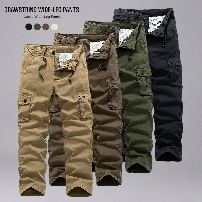 Men’s multi-pack soft washed twill wide-leg cargo pants, loose full-length solid-color hip-hop casual long pants, breathable pure cotton retro street-style casual cargo trousers