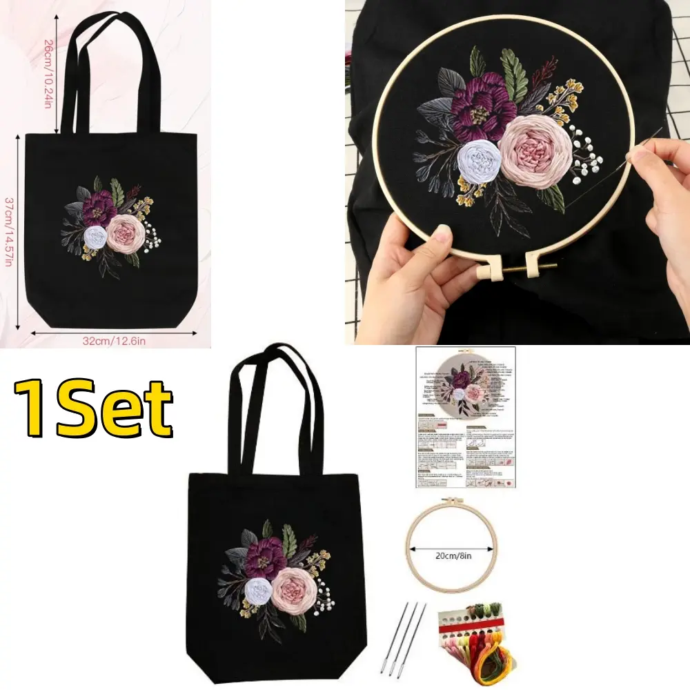 Custom Embroidery Kit for Adults with Floral Pattern Canvas Tote Bag - Creative DIY Project for Beginners, Includes Hoop, Threads, and Needle, 1 Instruction Sheet, Cross Stitch Embroidery, Daily Shopping, 1Set, Travel, Crafting, Embroidered Floral Design