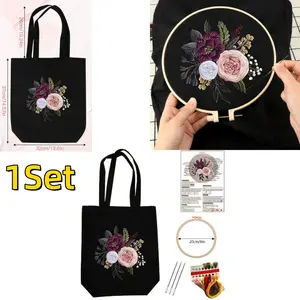 Embroidery Kit for Beginners, Creative Set for Adults, Includes Canvas Bag with Floral Pattern,Embroidery Hoop,Colour Threads and Needle