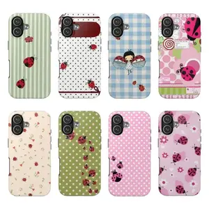 Pastel Ladybug Aesthetic Phone Case – Cute Polka Dot Floral Design,PBT+TPU Dual - Layer Drop - Resistant Case for iPhone 17/16/15/14/13/12/11 ProMax Plus for Samsung phones,an excellent gift for friend or fans.
