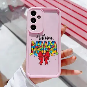 Autism Mama Red Bow Pattern Phone Case , Enhanced Camera Protection , Shockproof Skin-Friendly Touch Soft Cover for Samsung Galaxy S21 S22 S23 S24 S25 S26 Ultra Plus FE A13 A14 A15 A16 A17 A33 A34 A35 A36 A52 A53 A54 Note20 Awareness Puzzle Piece