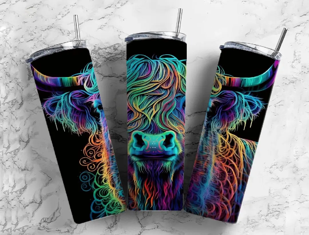 Neon Rainbow Highland Cow 20 oz Tumbler Coffee Drinkware Vacuum Insulated with Lid and Straw for Hot and Cold Drinks
