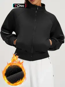 Women's Fleece Lined Sport Zip Front Jacket, Short Zipper Hoodie with Stand Collar and Pockets, Warm Fashion Outerwear for Fall & Winter