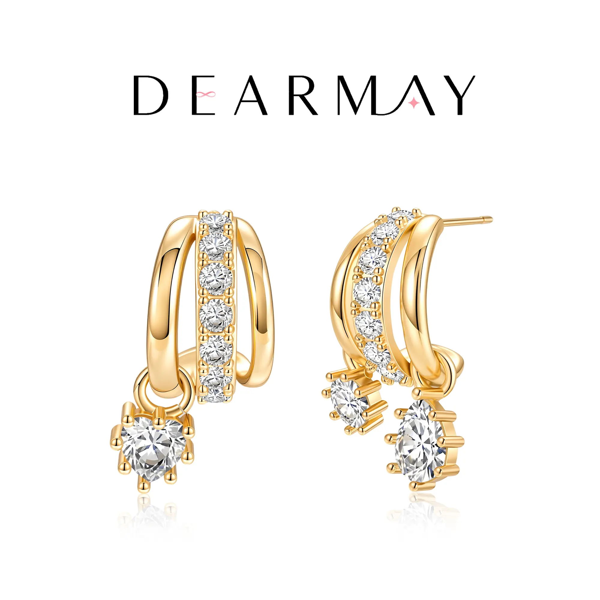 Dearmay Gold Earrings for Women 14K Gold Plated Asymmetrical Earrings with Zircon Pendant Three-tier Earrings Jewelry Gifts for Girls
