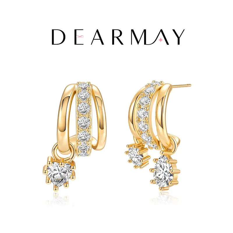 Dearmay Single pendant & Double pendant Earrings Gold Earrings for Women A/B Style Earrings Asymmetrical Earrings 14K Gold Plated with Zircon Pendant Jewelry Gifts for Girls