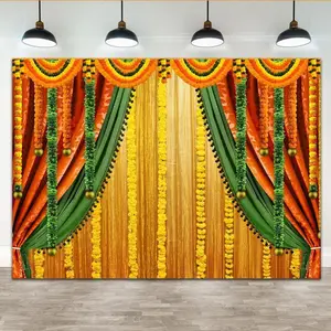 India Pooja Photography Backdrop Puja Ganpati Pooja Traditional Mehndi Festival Background Diwali Decorations Wedding Party Marigold Garlands Photo Props 7x5ft