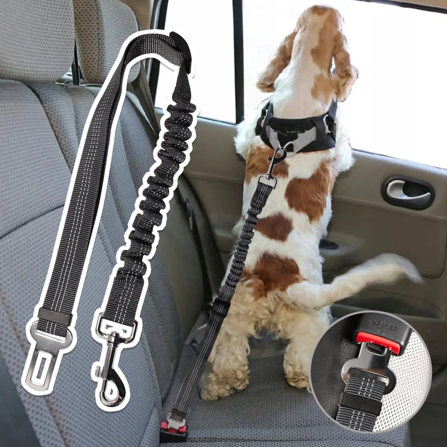 Dog Seat Belt for Car, Adjustable Pet Car Seat Belt, Pet Seat Belt with Elastic Bungee Buffer Reflective & Durable, Supports All Cars