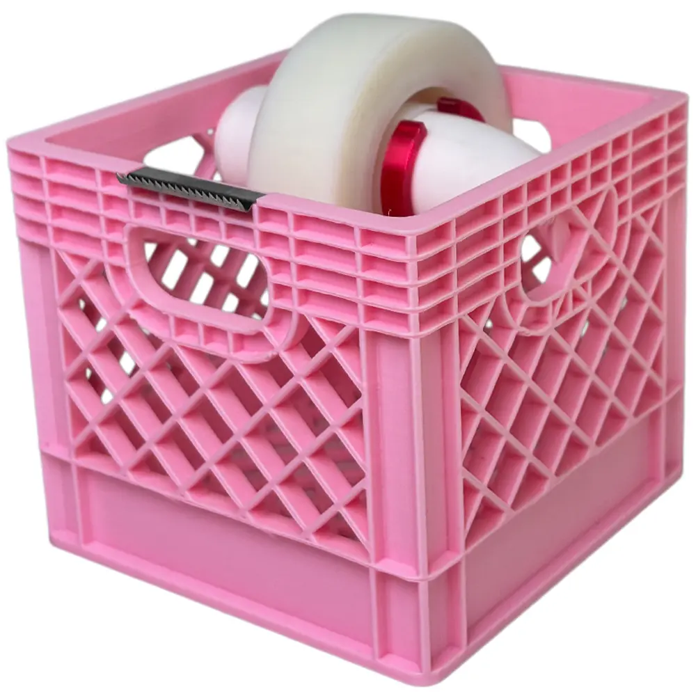 Mini Milk Crate Tape Dispenser - 3D Printed Cute Desktop Organizer, Funny Office Supplies & Desk Decor, Unique Gag Gift for Coworkers (Pink)