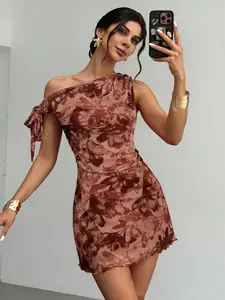 Women's Vintage Floral Print One-Shoulder Dress, Asymmetric Ruffle Hem Mini Skirt, Date/party Atmosphere