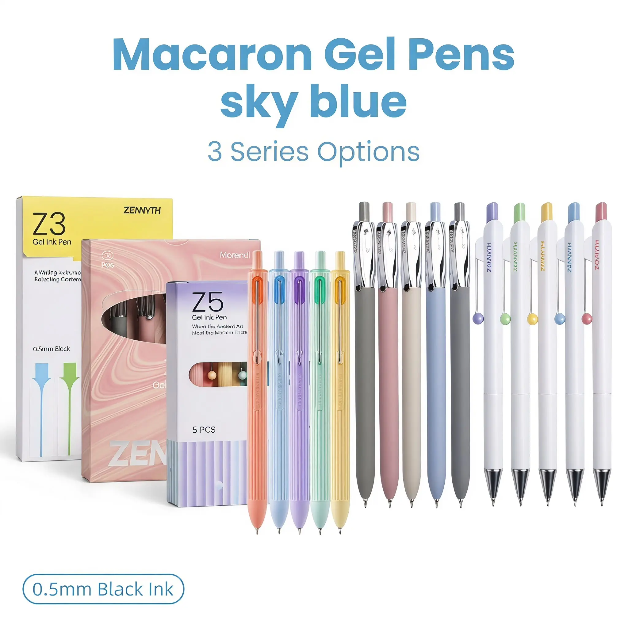 Macaron Gel Pen 3-Series Bundle, 5-Pack 0.5mm Black Retractable Neutral Ink - Z3 2-Tone, Z4 Morandi Matte, Z5 Vertical Ribbed Pastel Writing Tools for Students, Office Stationery Gift