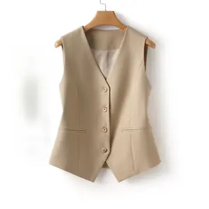 Women's Solid Button Front Pocket V Neck Suit Vest Elegant Sleeveless Vest for Work Office Business Ladies Spring Fall Fashion Outfits