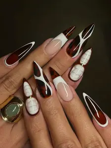 Tortoise Shell Press On Nails Set, Long Stiletto Brown Marble Nails with White Abstract Lines, Luxury Reusable Fake Nails, Y2k nails