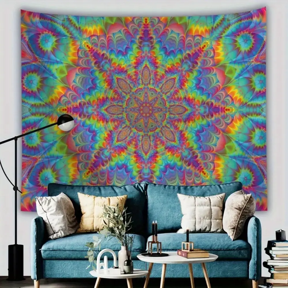Boho Psychedelic Print Tapestry Wall Hanging - Peach Light Beige Polyester Fabric, Vibrant Mandala Design, Lightweight, Durable, Easy to Hang Indoor Room Art for Living Room, Bedroom Decor, Peach Light Beige Fabric