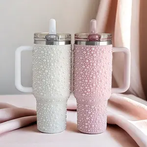 1pc 40oz  tumbler Light Luxury Pearl Full Diamond Ice Dominator Cup with Handle Straw Stainless Steel Insulated Cup High-Beauty Coffee Cup Car Mount Large Capacity Travel Water Cup