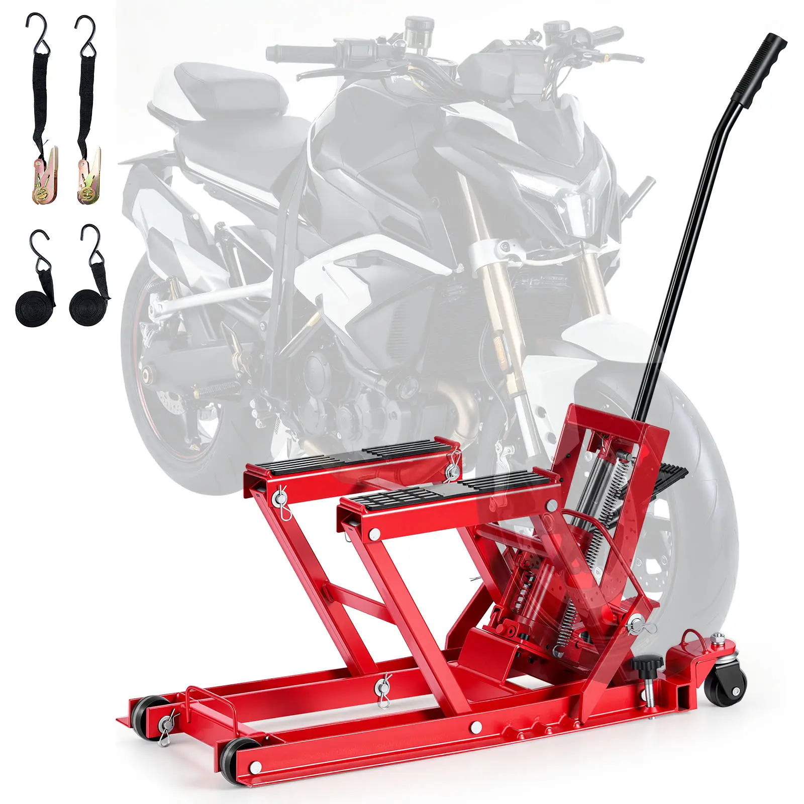 VEVOR Hydraulic Motorcycle Lift Jack, 1500 lbs Capacity, Foot Pedal Operated Hoist Stand with 4 Swivel Wheels, Ratchet Strap Securing for Secure Lifting, 4.5"-15.2" Height Range, Portable for ATVs Dirt Bikes