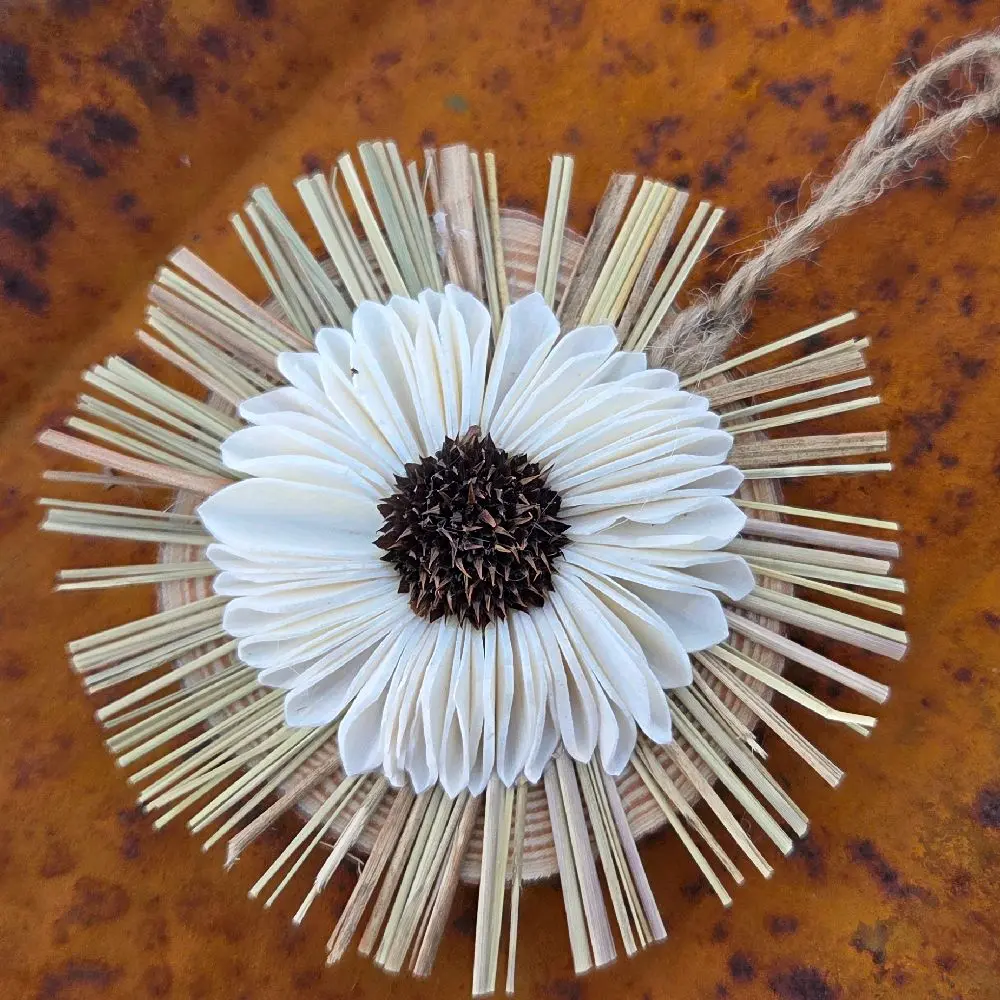 Sunflower and Straw Wood Flower Ornament for Christmas Tree - Elegant Home Decor Essential on Pine Wooden Disk - 3 1/2" Diameter - Hangable Decoration
