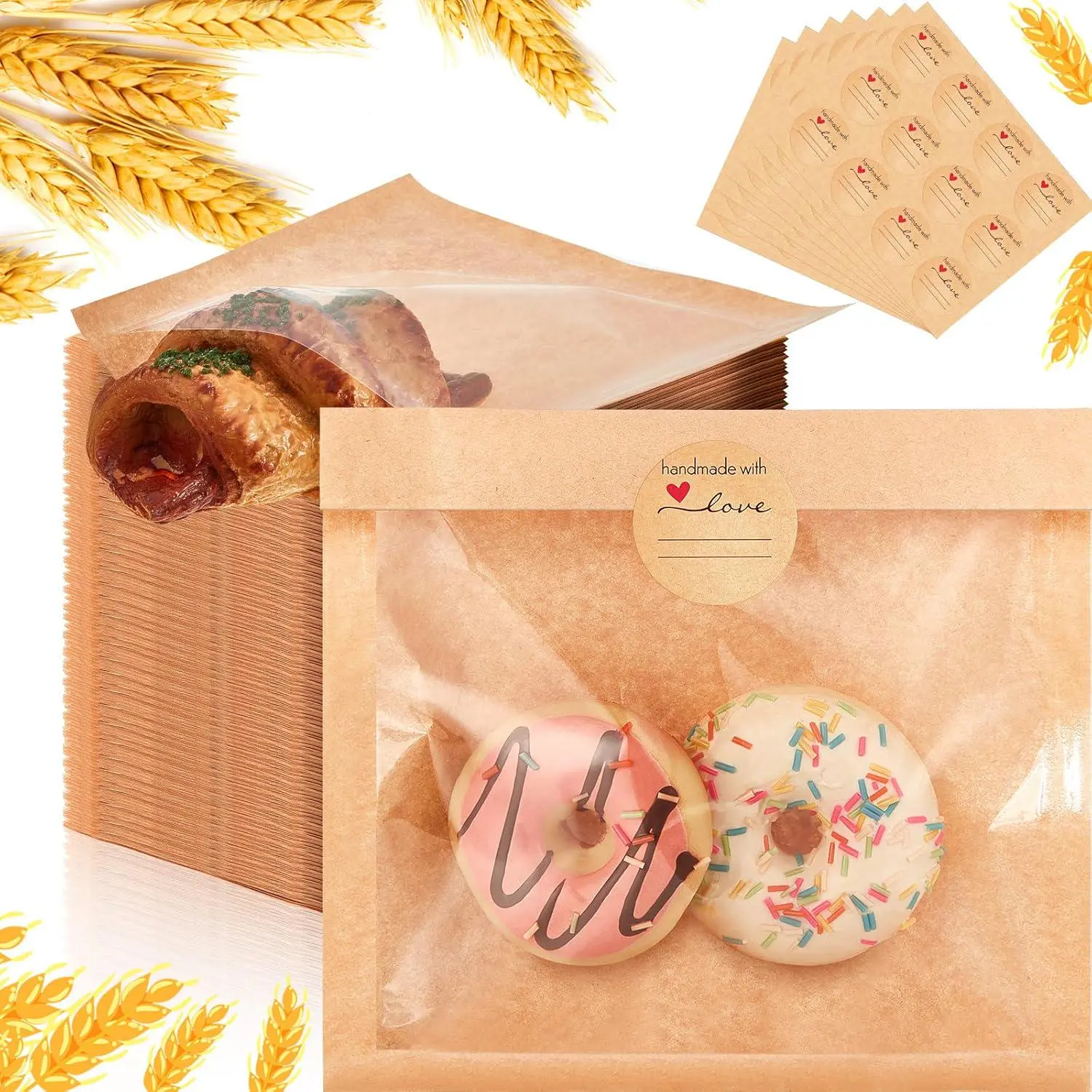100 Pcs Kraft Paper Bakeware Cookie Bags - 7.1x7.5" Heat-Sealed, Oil-Resistant, Transparent Window Bags for Pastry, Gift Wrapping, Donuts