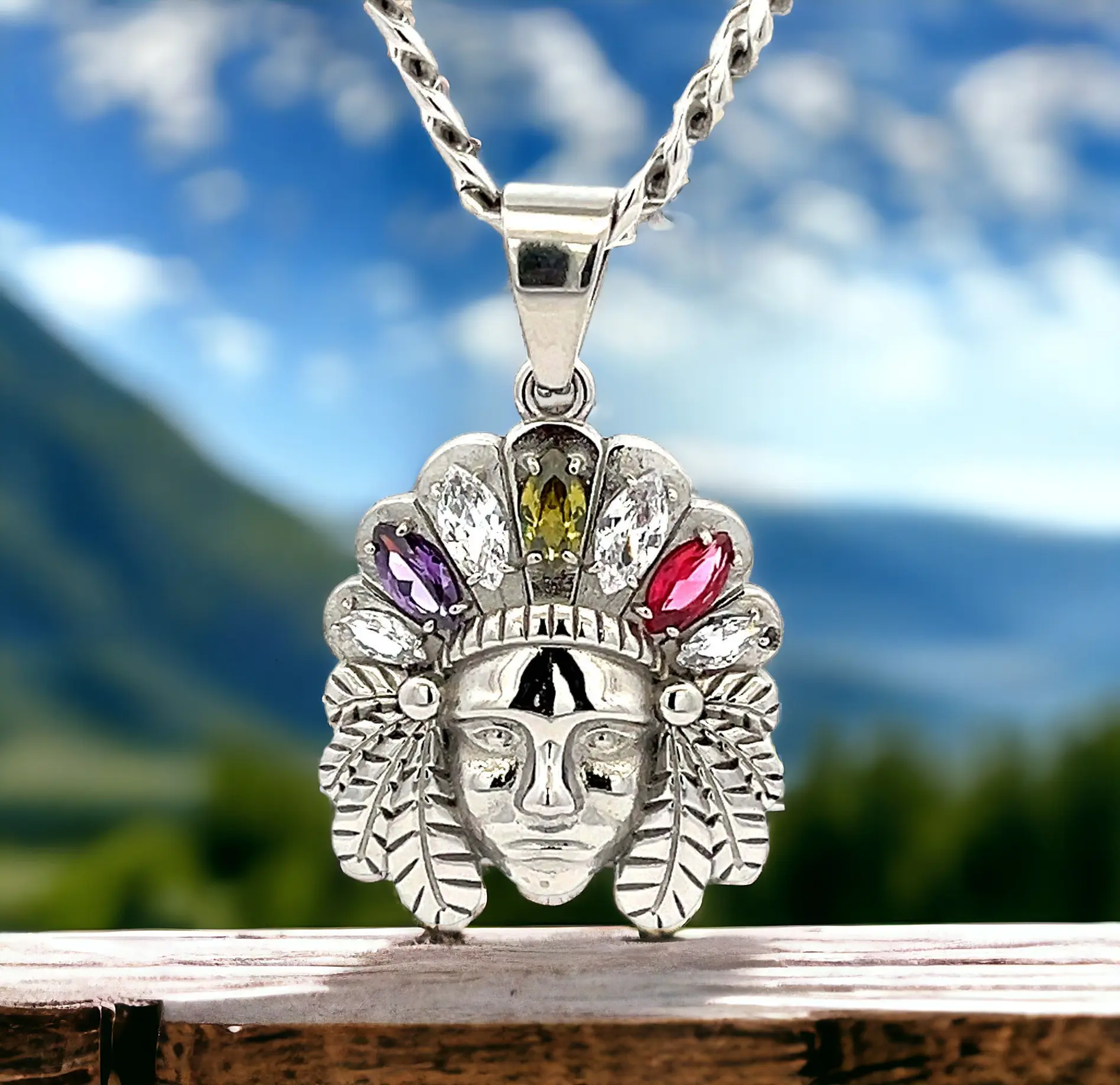 Simulated Diamond Cubic Zirconia Pendant with 18k Gold Plated Indian Head Symbol (Silver)