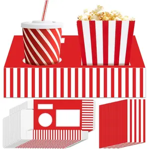 48 count Movie Night Supplies 24 Movie Night Snack Trays with 24 Popcorn Bags Theater Snack Boxes Cinema Theme Party Paper  Trays Red and White Striped   for Family  Birthday Party