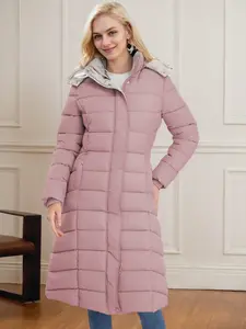 RED MARINE Women's Essential Long Down Jacket with Hood, Buttons & Zipper - Versatile and Stylish Outerwear for Cold Weather