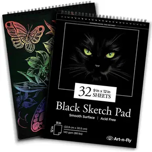 A4 Drawing Book with Black Pages, Bright Black Perforated Paper Spiral Bound - 32 Sheets