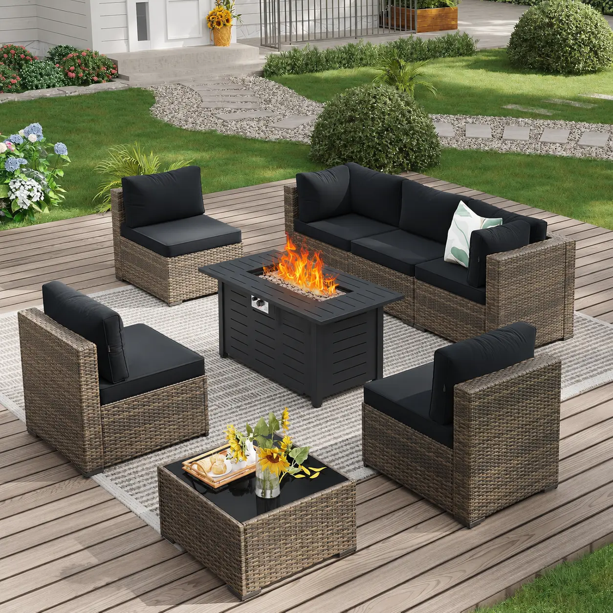 Aoxun 8-Piece Wicker Outdoor Patio Furniture Set with 40"Fire Pit Table I Patio Conversation Sets with Coffee Table,Outdoor Sectional Couch, Yellow Black