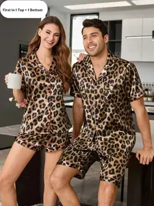 Couple Short Sleeve Ice Silk Sleepwear Set, Summer Printed Fitted Comfortable Homeewear, Casual Summer Loungewear, Two-Piece Pajama Shorts Set