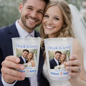 Custom Wedding Photo Cups | Personalized Frosted Plastic Party Cups 12oz 16oz Wedding Favor