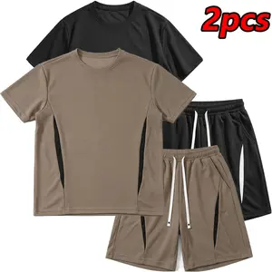2-Pack Men’s Waffle Knit Color-Block Short Sleeve T-Shirt + Shorts Set – Casual Loose Fit Patchwork Drawstring Sport Set