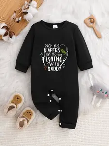 Newborn Spring Summer Long Sleeve Onesie, Unisex Baby Clothes, Cute Fish Letter Print, Fun Crawling Suit, Perfect for Dad Fishing Outing, Newborn Onesies