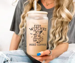 Even Witches Need Coffee Witch Halloween Iced Coffee Glass Cup with Lid and Straw 16 oz Halloween Iced Coffee Cup Witch Themed Glass Tumbler Stylish Mug Drinkware
