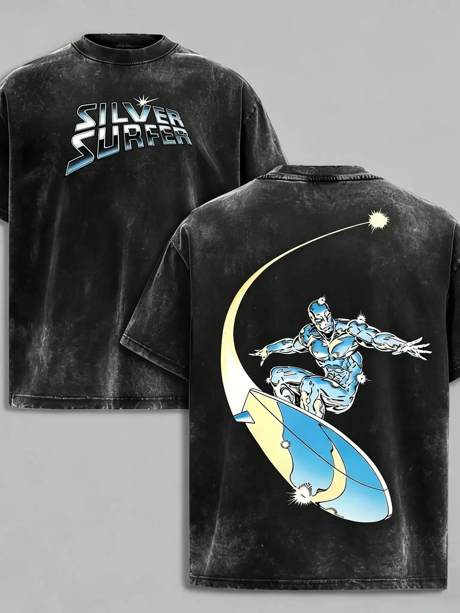 Silver Surfer Graphic T-Shirt, Unisex Acid Washed Oversized Cotton Streetwear Comic Tee with Ultra HD Print, Acid-Wash, Superhero Stuff, All Seasons