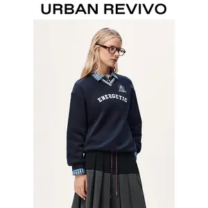 URBAN REVIVO Women's Longsleeves V-Neck Contrast Bold Print Hoodie Pullover - Versatile Sweatshirt for Everyday Casual Outfits Inspo, Ideal for Pairing with Overalls, UYY450328, Statement