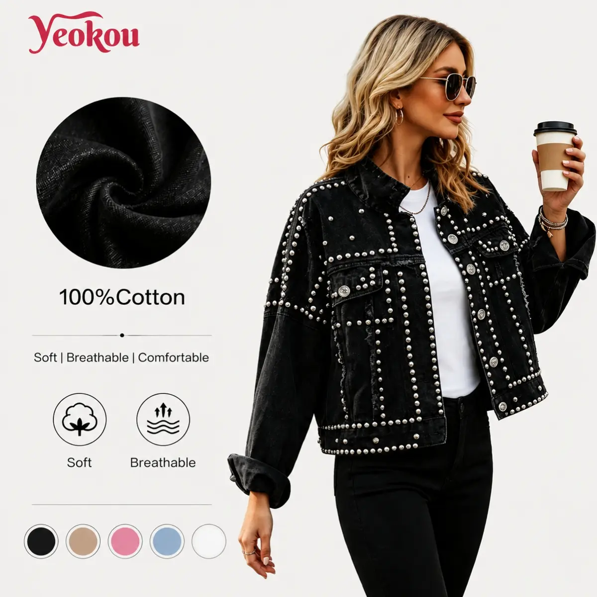 Yeokou Women's 2026 Fall Must-Have Casual Stylish Cropped Cotton Denim Jacket - Loose Fit Button-Front Long-Sleeve Outerwear with Pearl & Rivet Studs