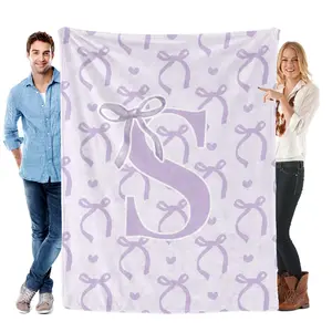 Personalized "S" Lavender Bow & Heart Blanket | Ultra-Soft Flannel with a Monogrammed Initial | Perfect for Adding a Cute, Custom Touch to Any Bedroom or as a Thoughtful Gift for Birthdays, Holidays & More