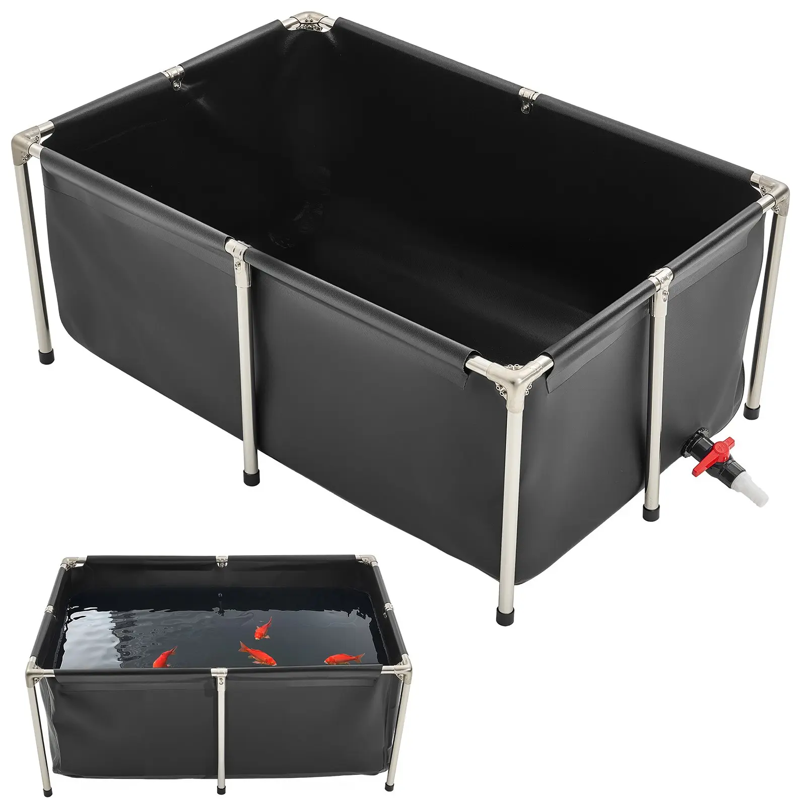 【Summerfinds】VEVOR Canvas Fish Pond, 126.8 Gal Above Ground Fish Pond, Foldable PVC Koi Tank, Rectangular Goldfish Tank with Stable Frame and Drain Valve, for Aquaculture, Koi Breeding, and Irrigation (Black)
