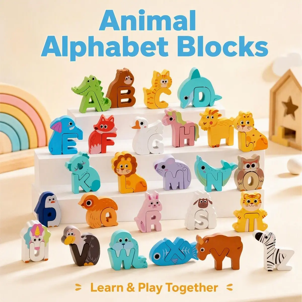 Montessori Alphabet Matching Building Blocks - 3 Themes (Animal/Dinosaur/Car), 26 Letter Cubes, 26 Cartoon Image Cubes, Self-Correcting Pairing Toy for Toddlers 3+, Fine Motor & Letter Recognition Party Gift