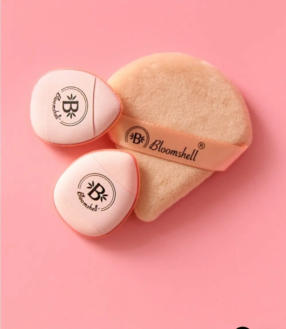 Bloomshell 3pcs Powder Puff Set - 1 Full-Size & 2 Mini-Size Puffs for Setting Powder & Under-Eye Application - Pink Color - Ideal for Makeup Routine