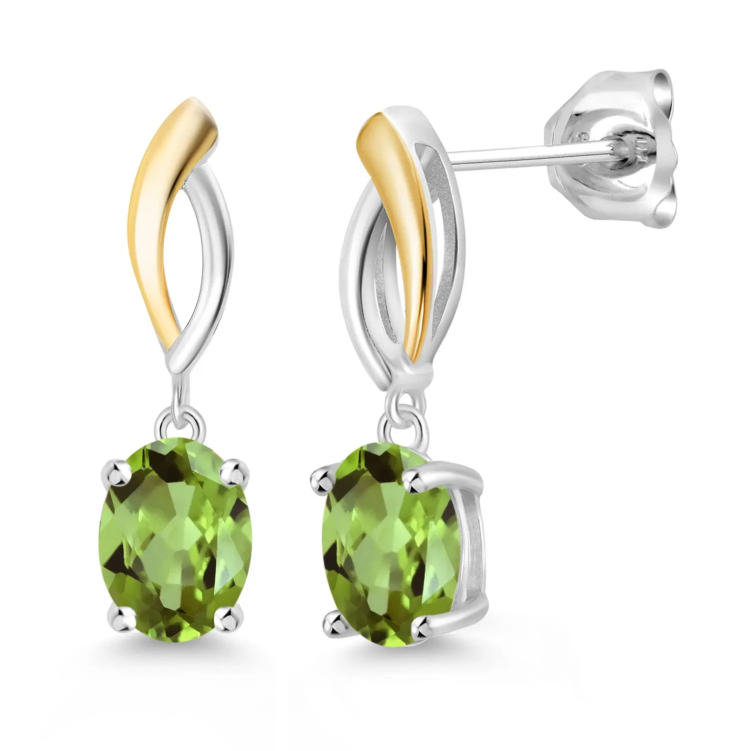Gem Stone King Oval 8x6mm Green Peridot 2.84 Ct 925 Silver and 10K Yellow Gold Dangle Earrings