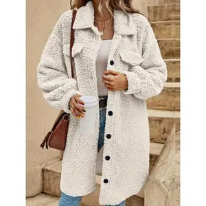 Women's Teddy Fleece Knee-Length Trench Coat - Oversized Shirt Collar, Solid color, Multiple Sizes (S-3XL), Ideal for Fall/Winter Casual Outings & Daily Wear, Warm Plush Outerwear